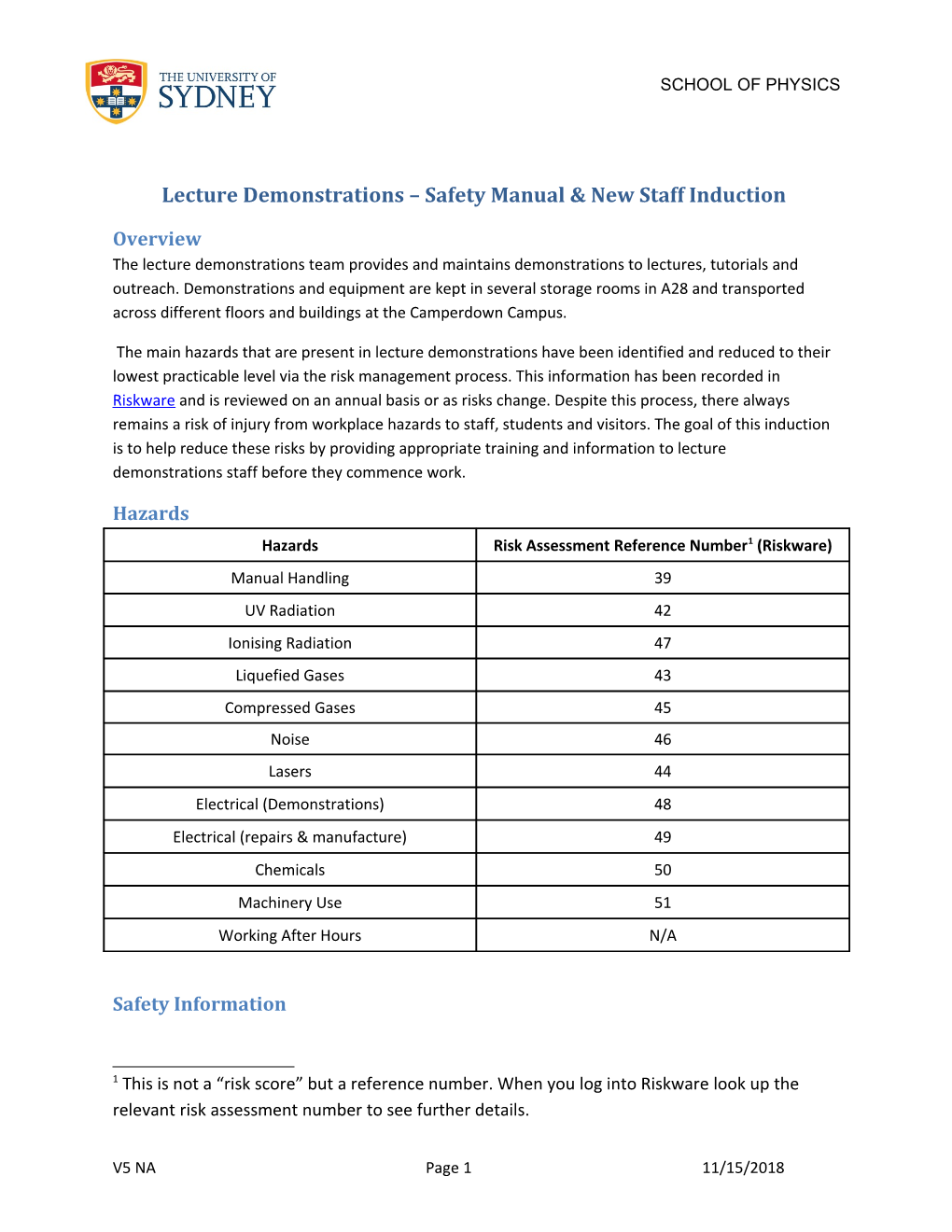 Lecture Demonstrations Safety Manual & New Staff Induction