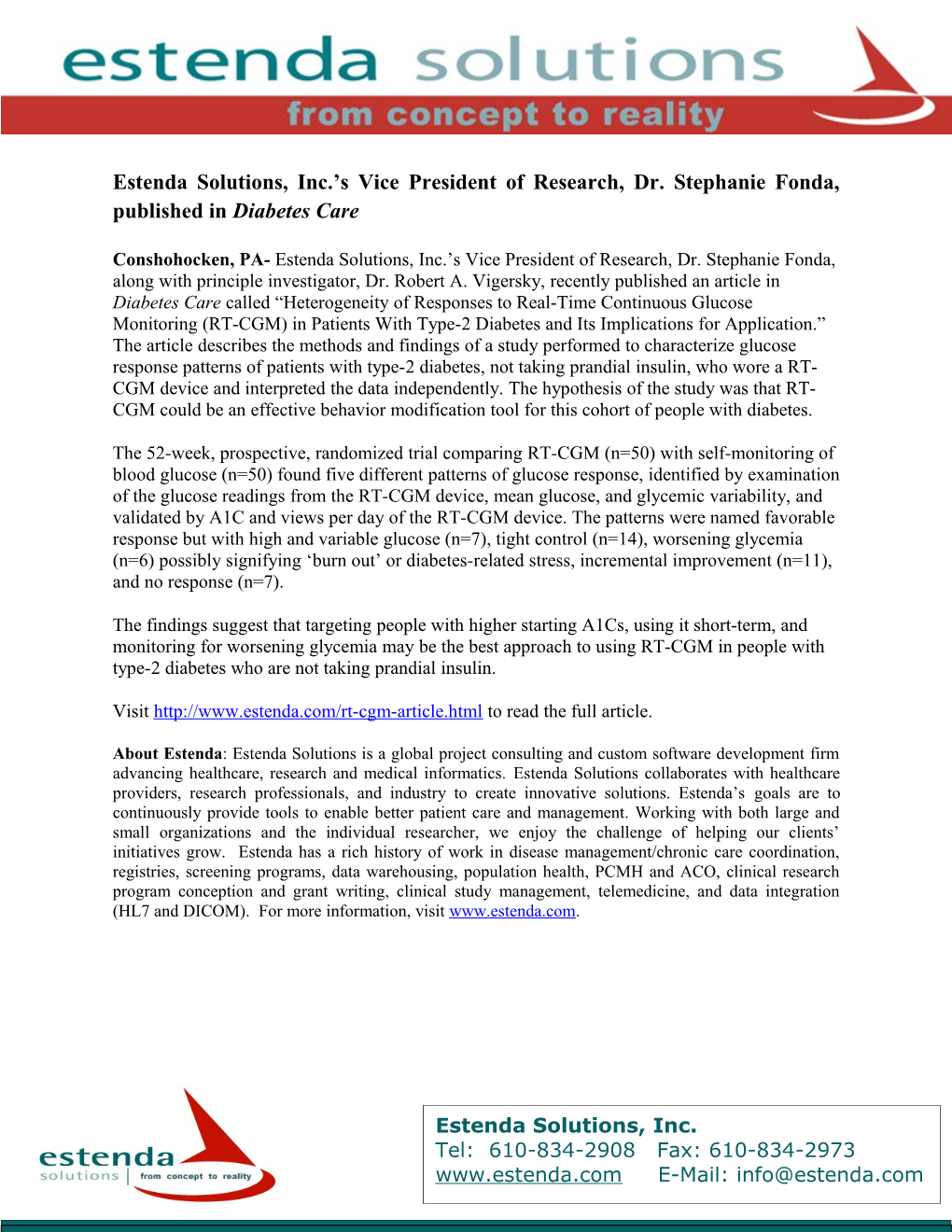 Estenda Solutions, Inc. S Vice President of Research, Dr. Stephanie Fonda, Published In