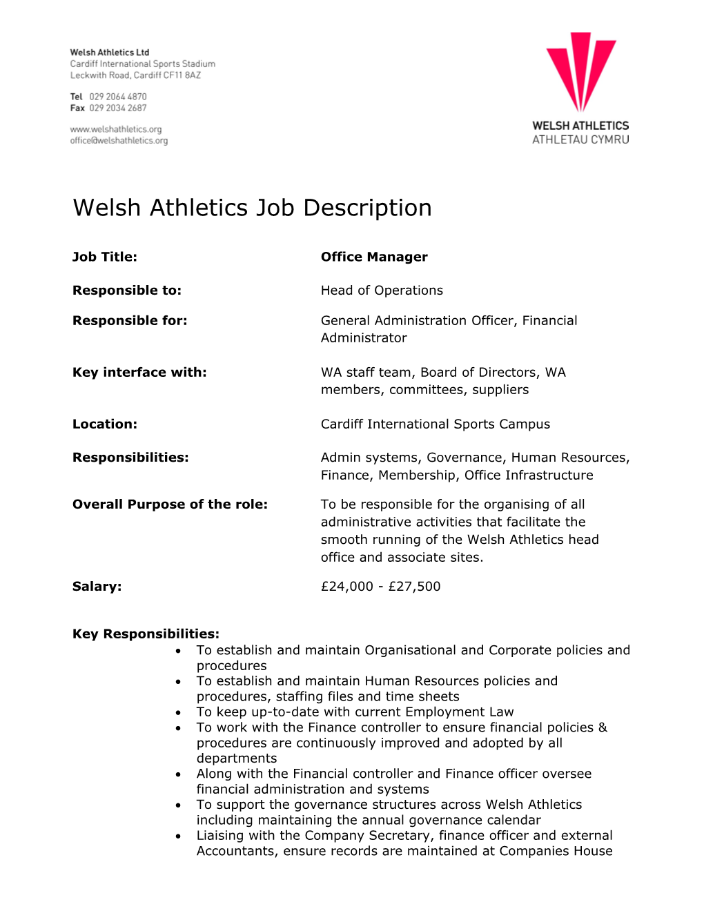 Welsh Athletics Job Description