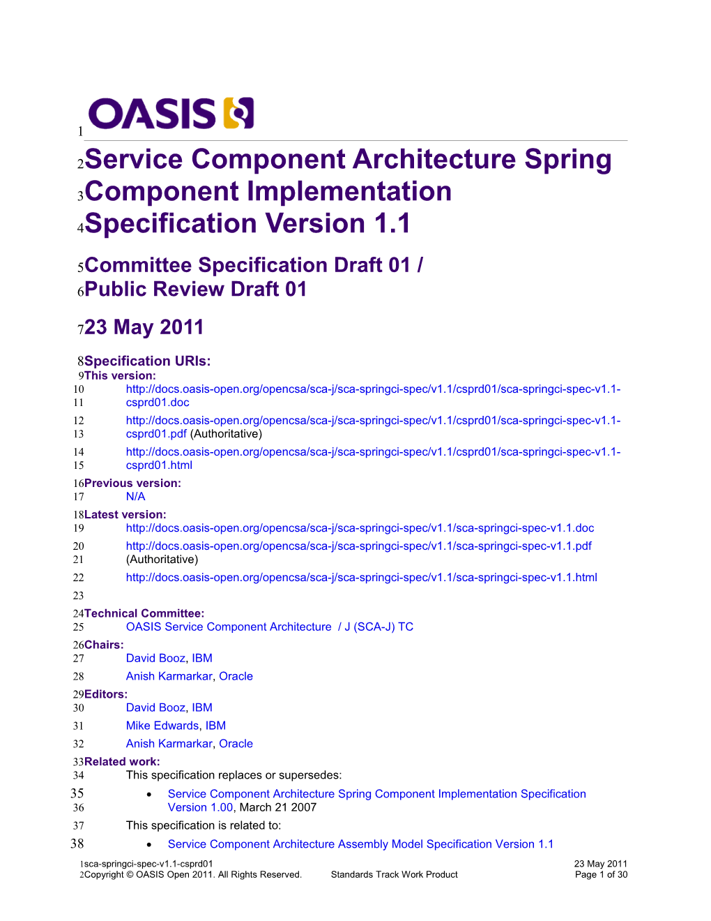 Service Component Architecture Spring Component Implementation Specification Version 1.1