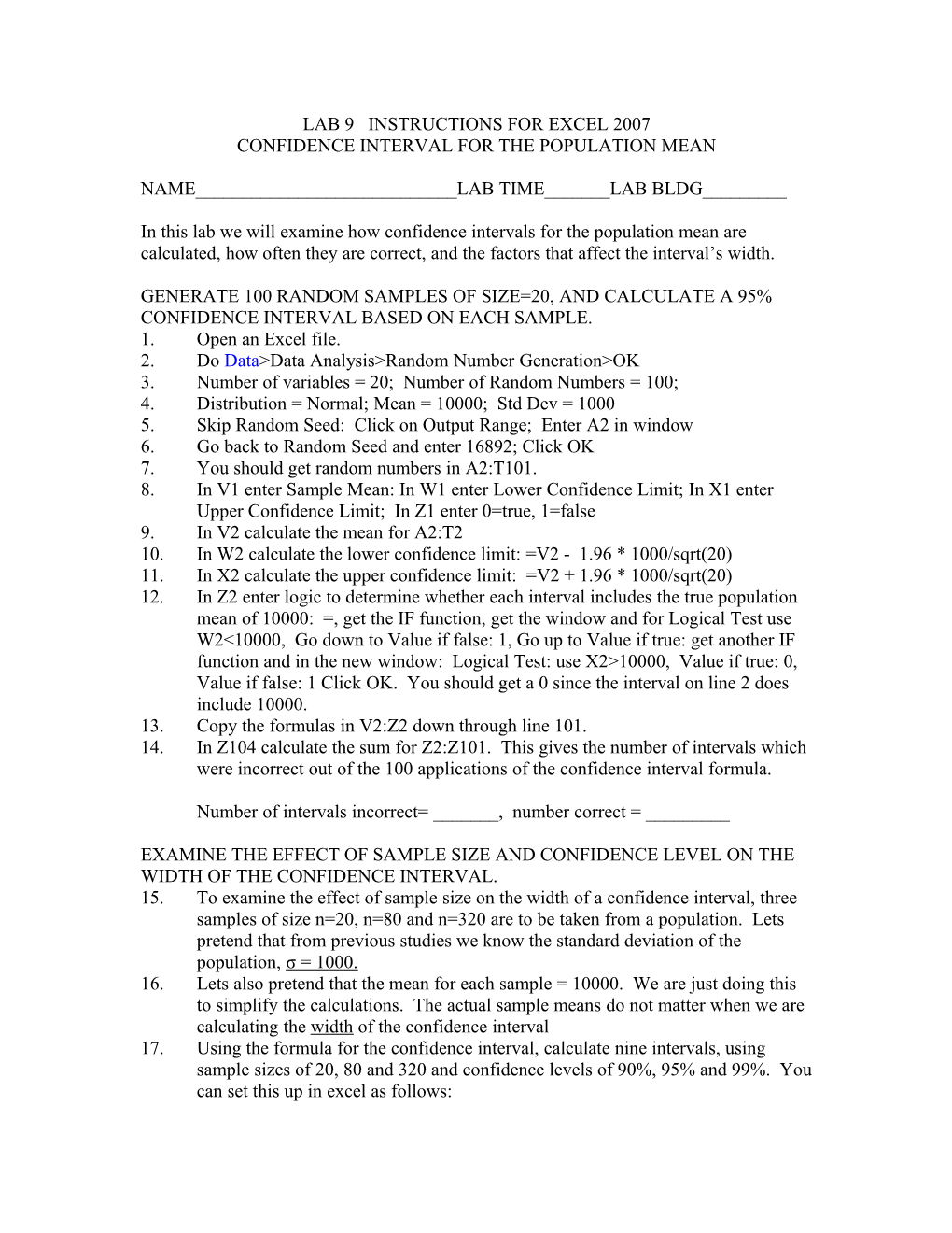 Lab 9 Instructions for Excel 2007