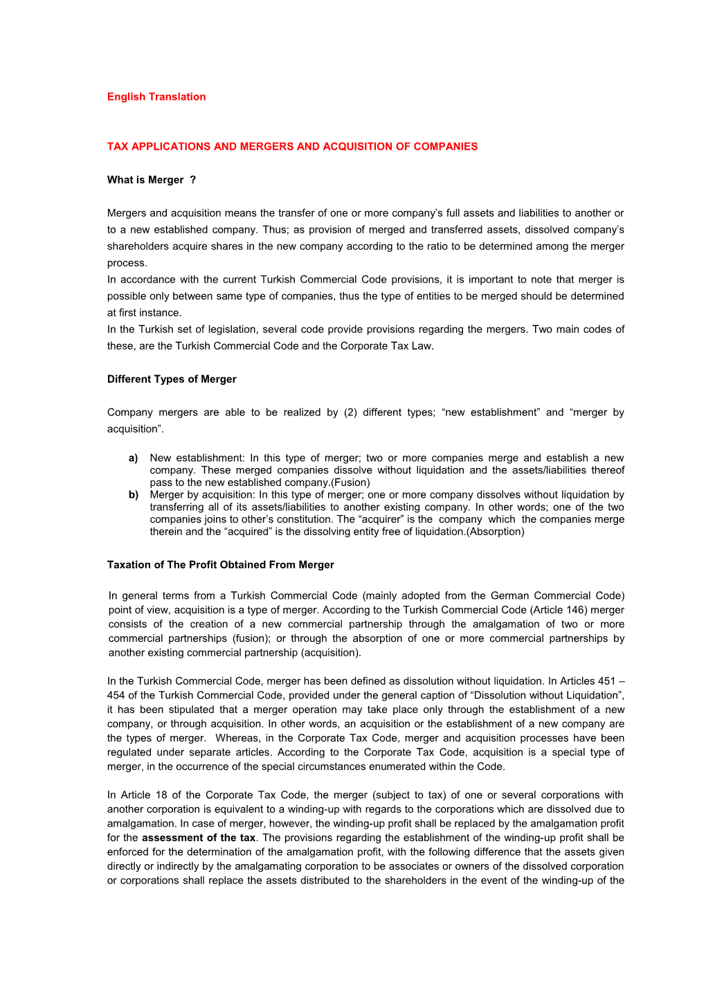 Tax Applications and Mergers and Acquisition of Companies