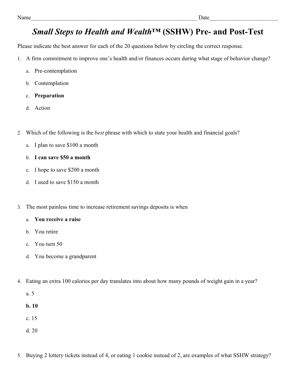 Small Steps to Health and Wealth (SSHW) Pre- and Post-Test