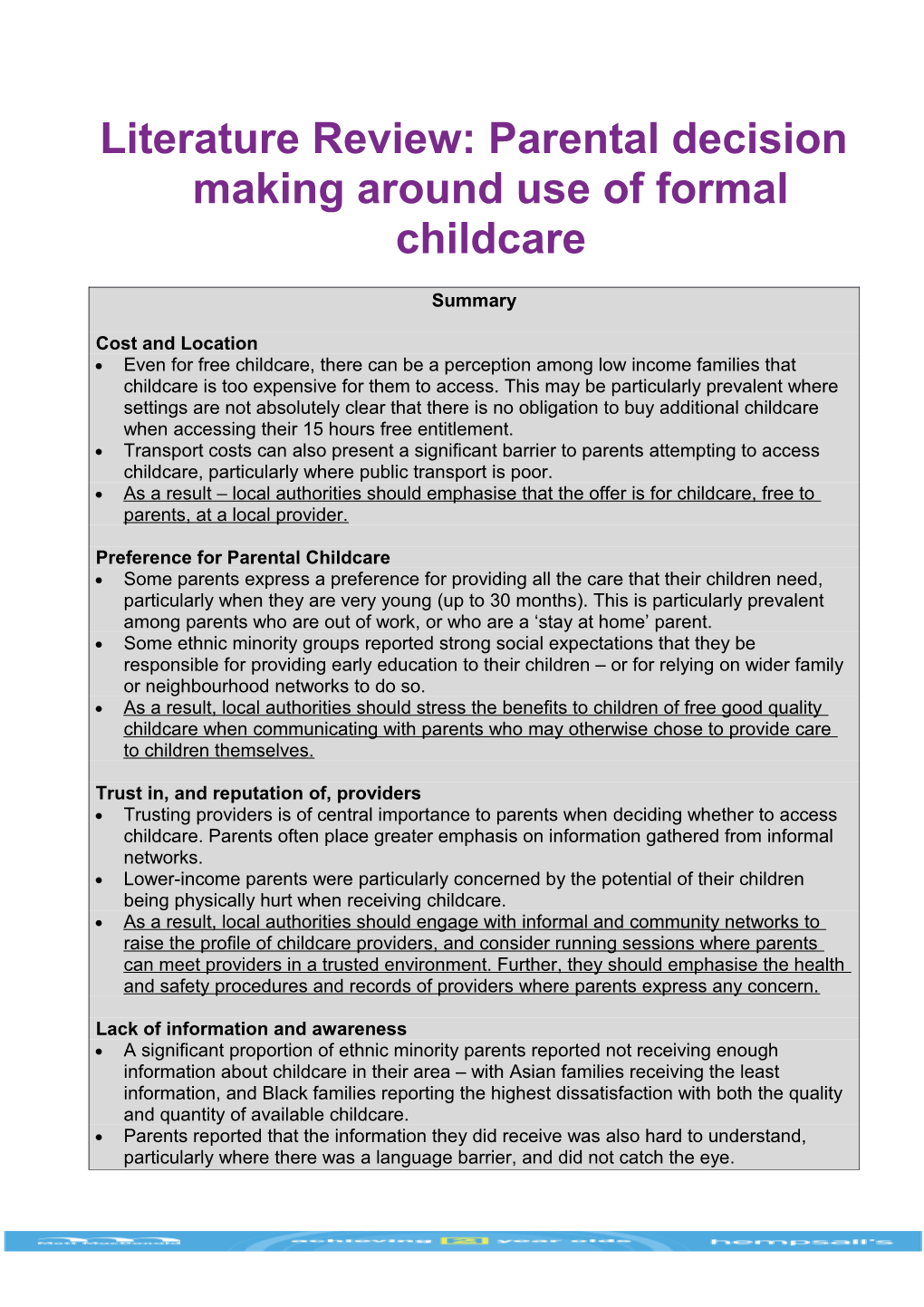 Literature Review: Parental Decision Making Around Use of Formal Childcare