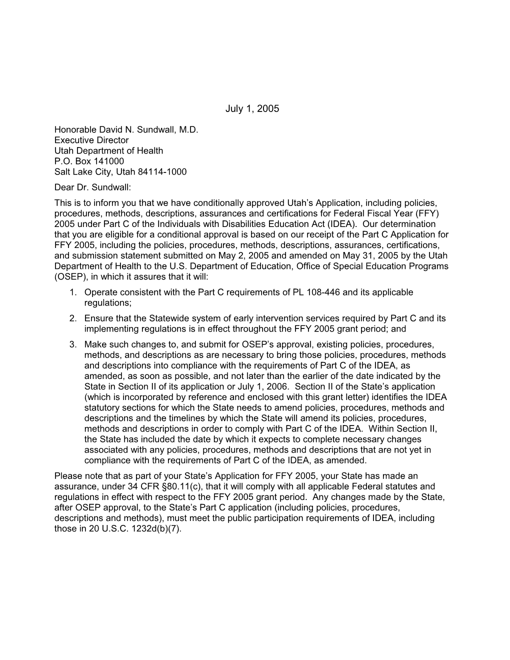Utah Part C 2005 Grant Award Letter (Msword)