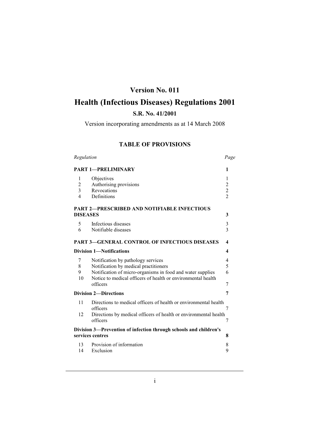 Health (Infectious Diseases) Regulations 2001