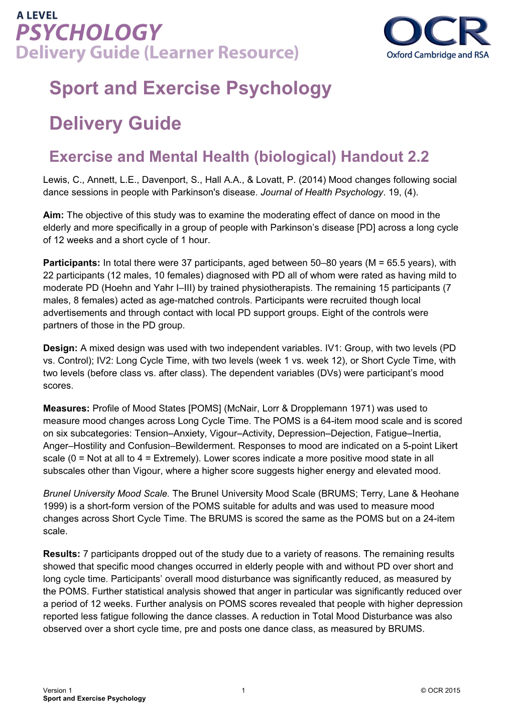 OCR a Level Psychology - Sport and Exercise Delivery Guide Hand Out