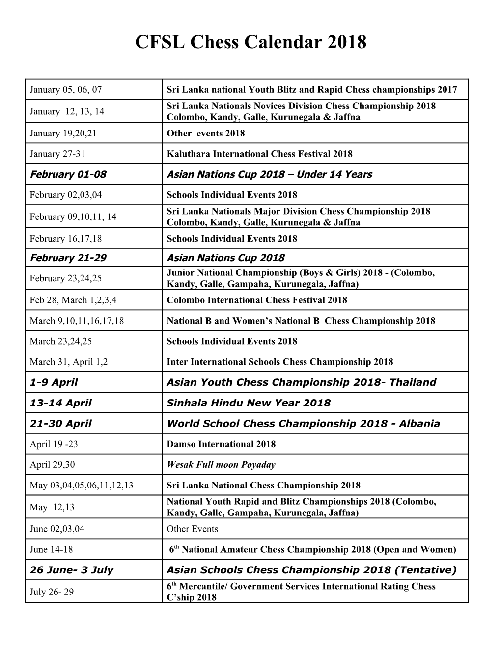 CFSL Chess Calendar 2018