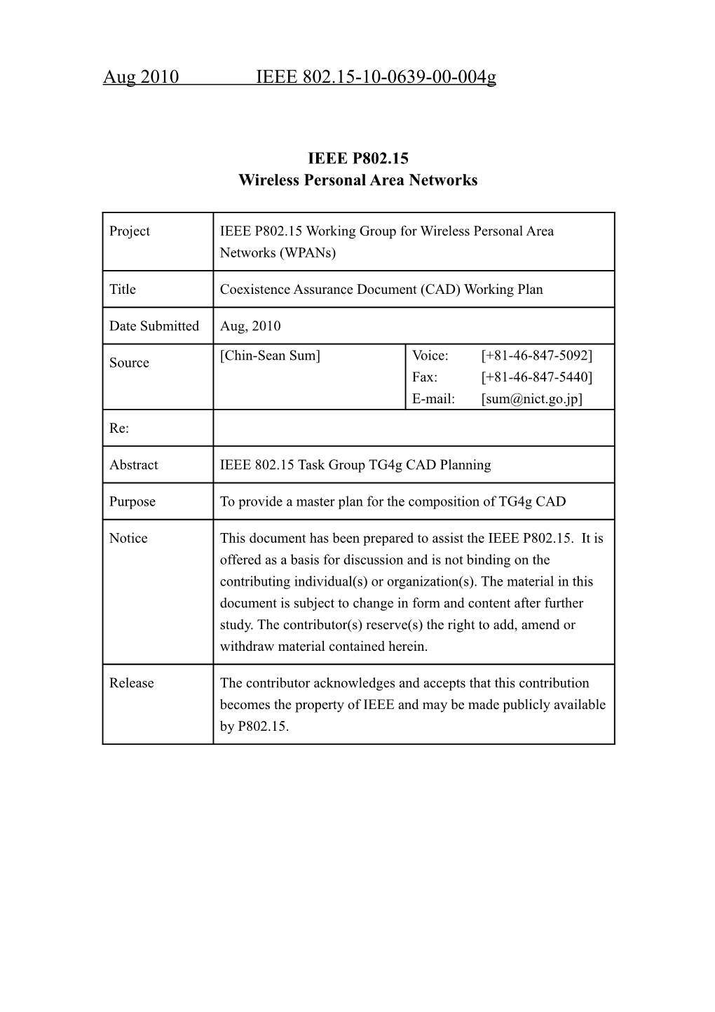 Working Plan for Tg4g Coexistence Assurance Document (CAD)