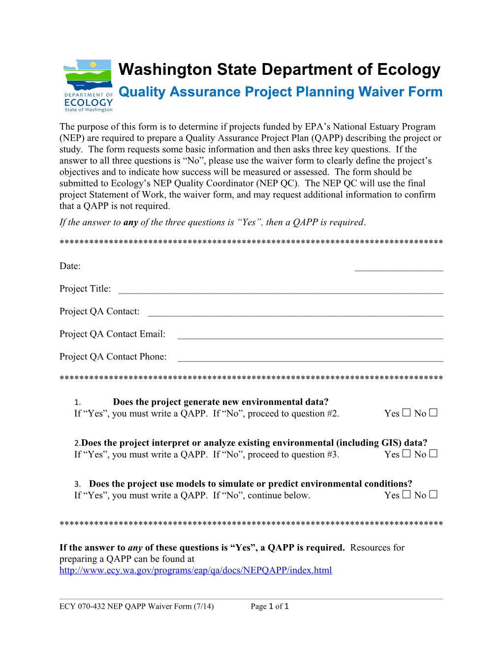Quality Assurance Project Planning Waiver Form