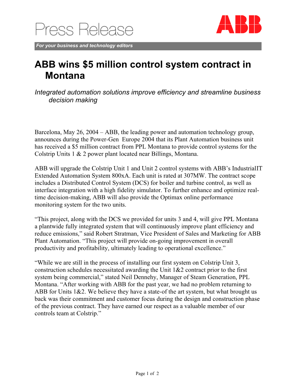 ABB Wins $5 Million Control System Contract in Montana