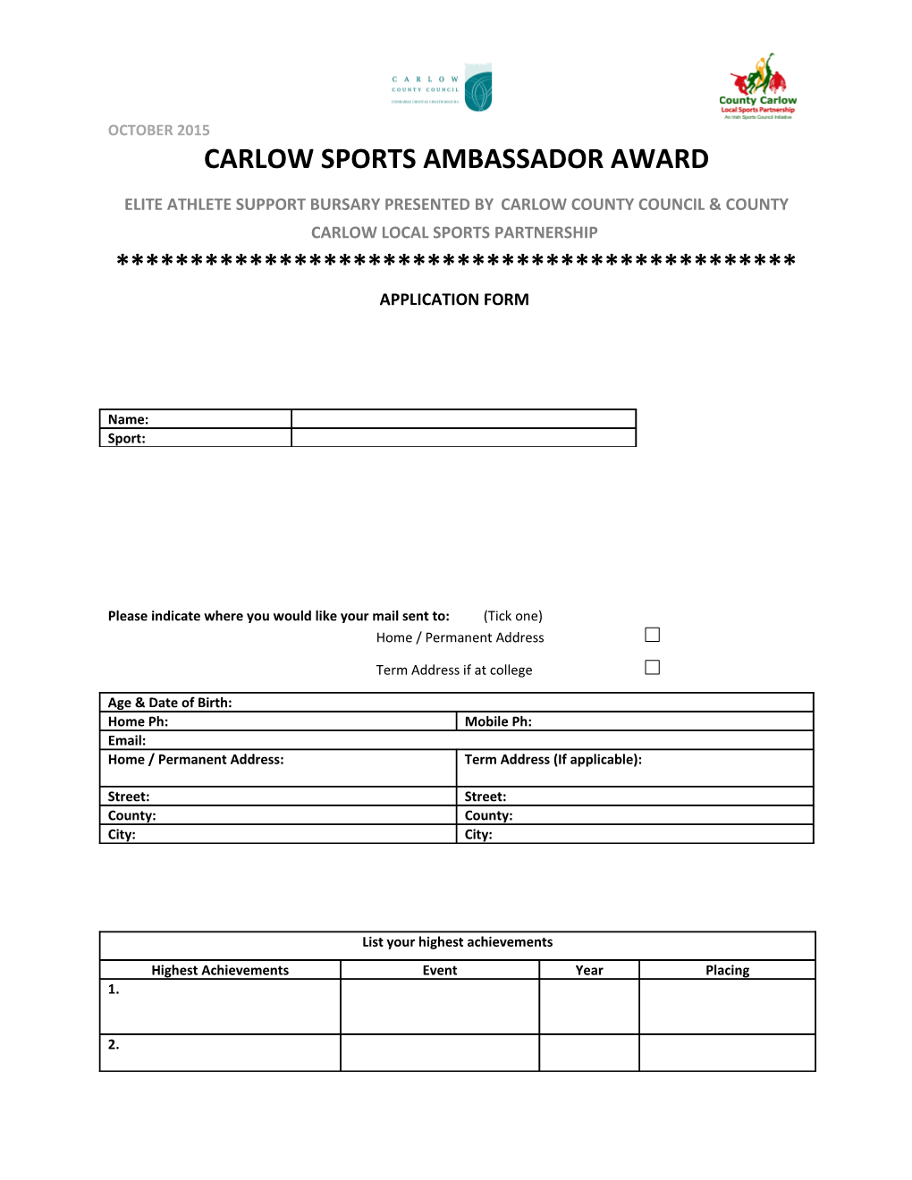 Carlow Sports Ambassador Award