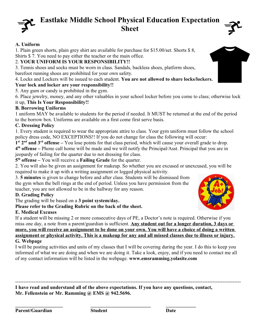 Eastlake Middle School Physical Education Expectation Sheet
