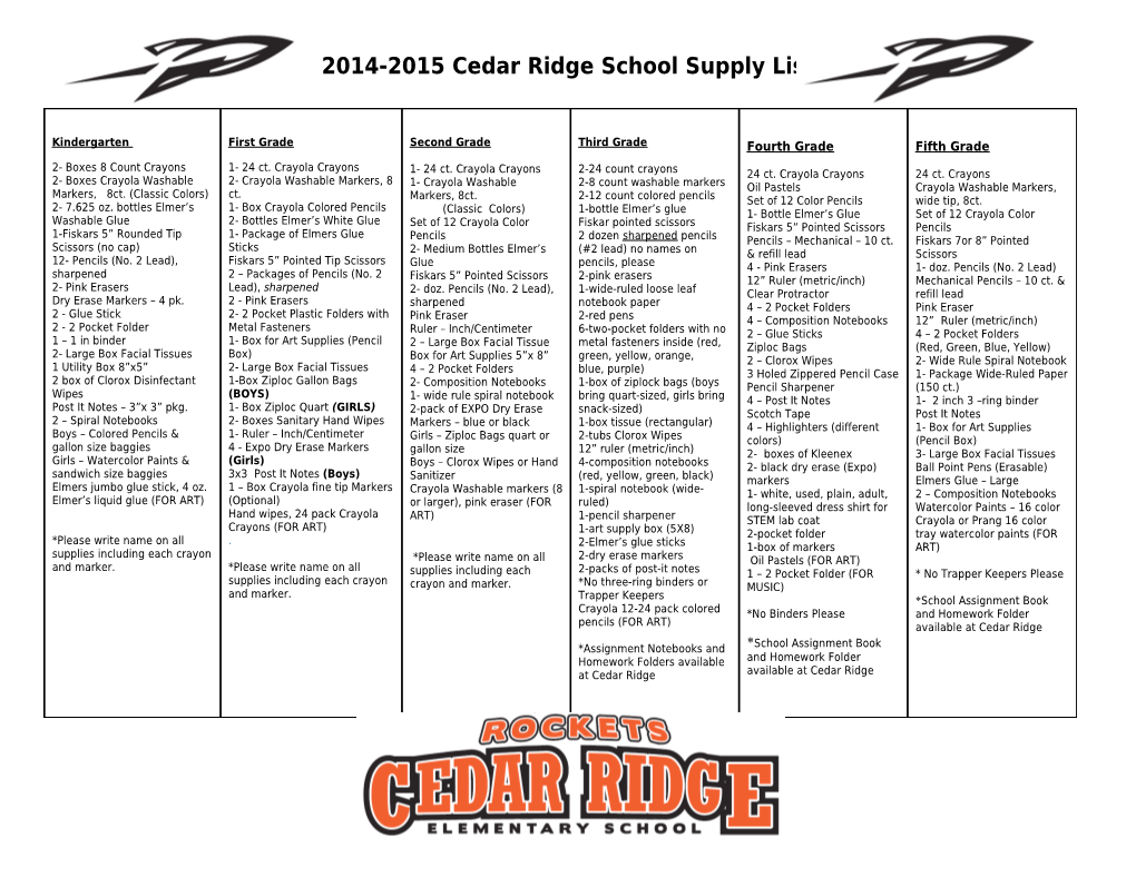 2003-2004 Northpoint School Supply List