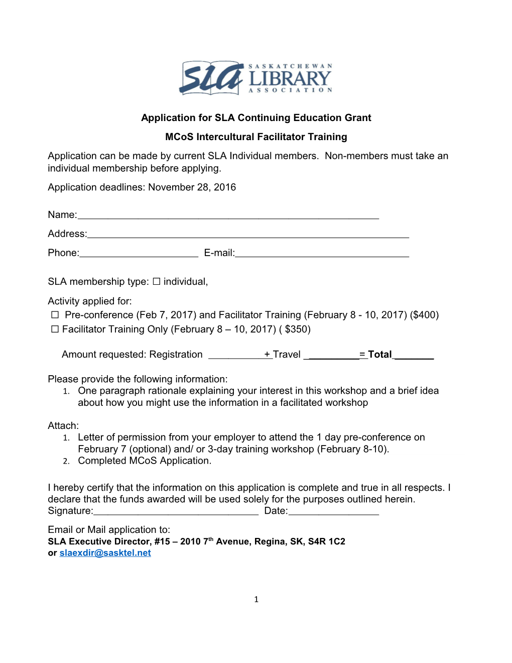 Application for SLA Continuing Education Grant