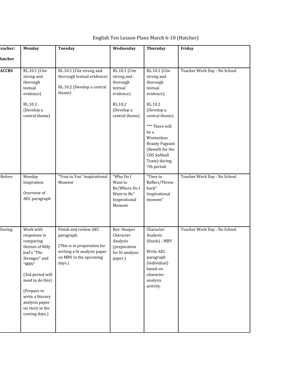 English Ten Lesson Plans March 6-10 (Hatcher)