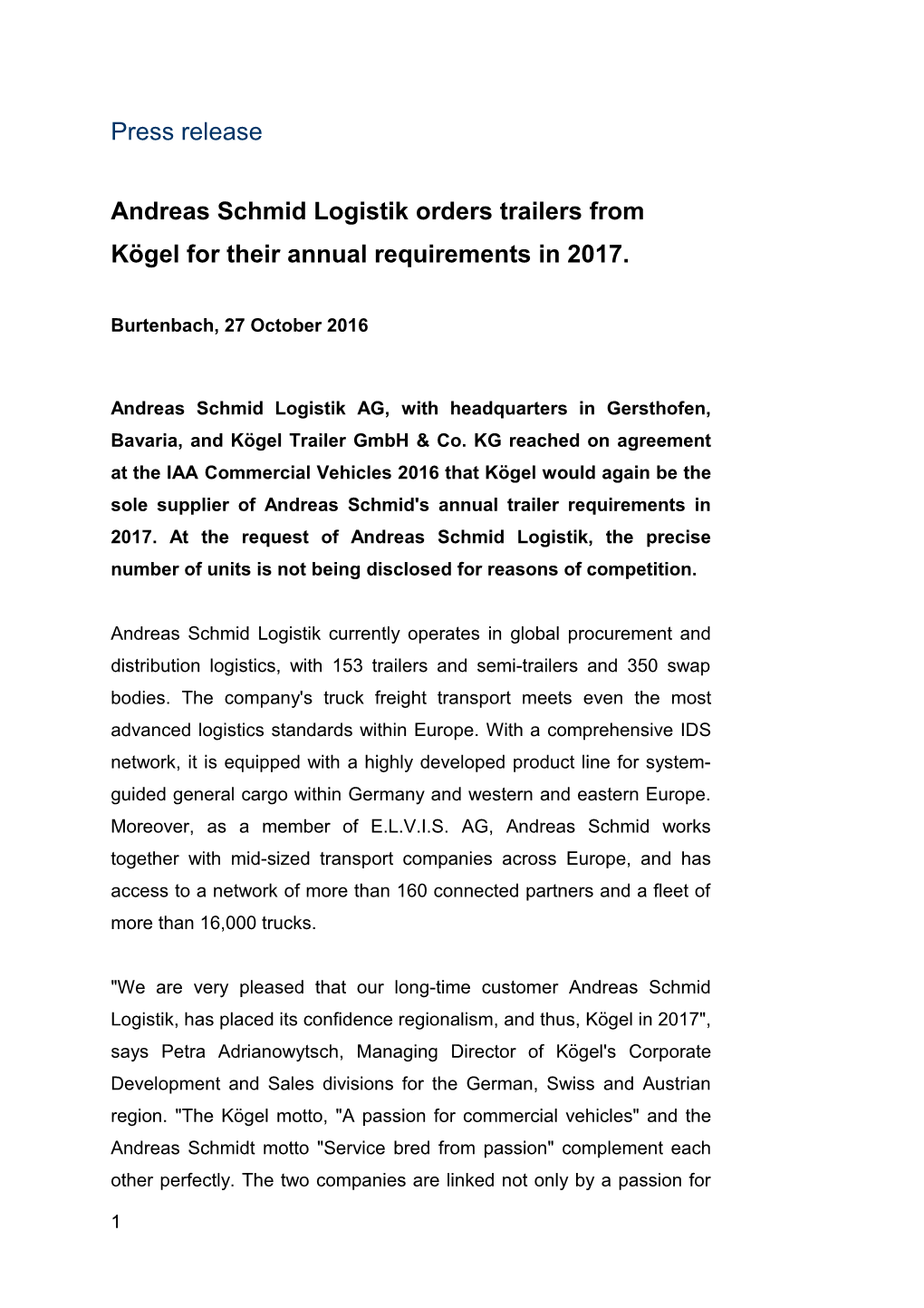 Andreas Schmid Logistik Orders Trailers from Kögel for Their Annual Requirements in 2017