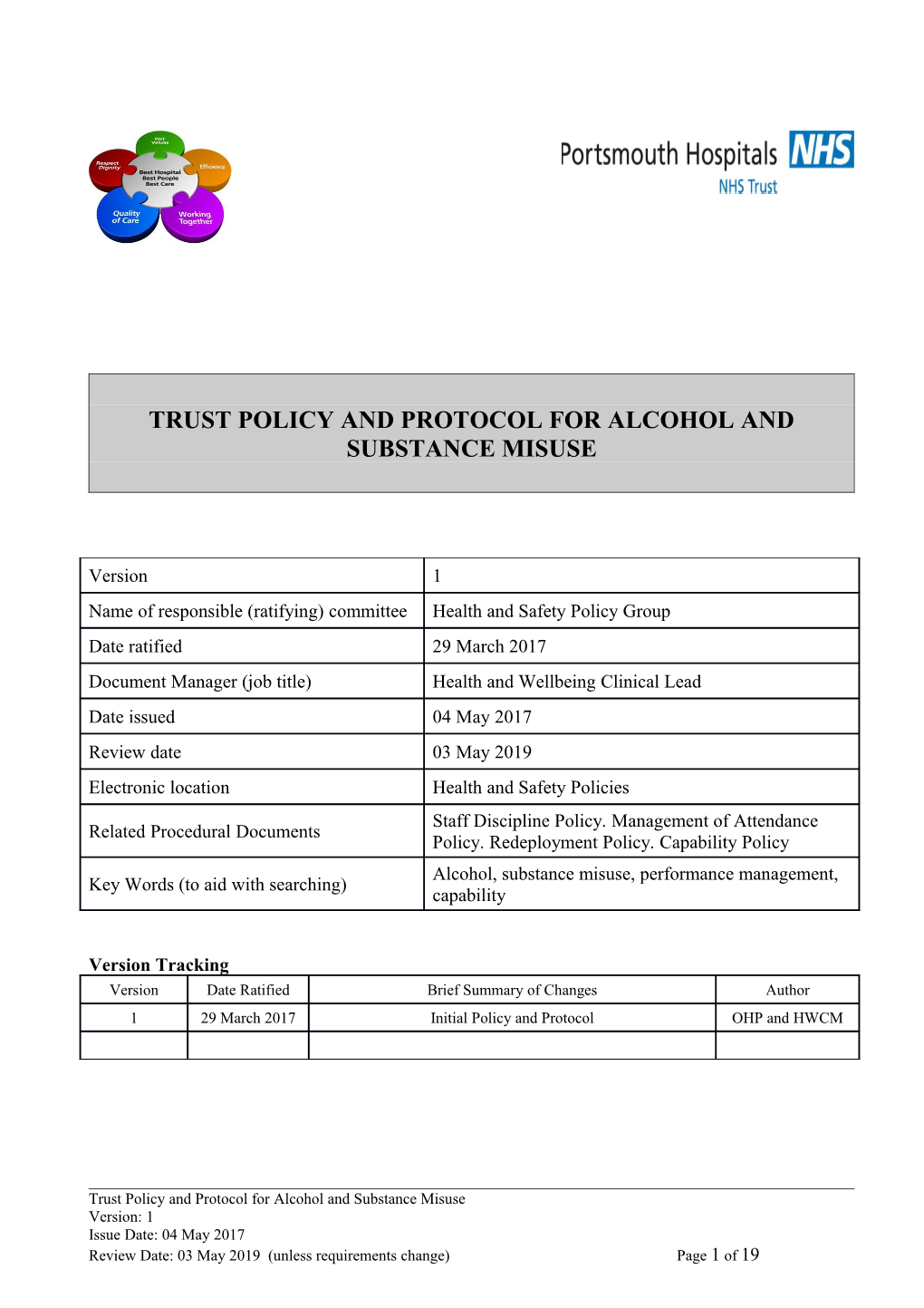 Trust Policy and Protocol for Alcohol and Substance Misuse