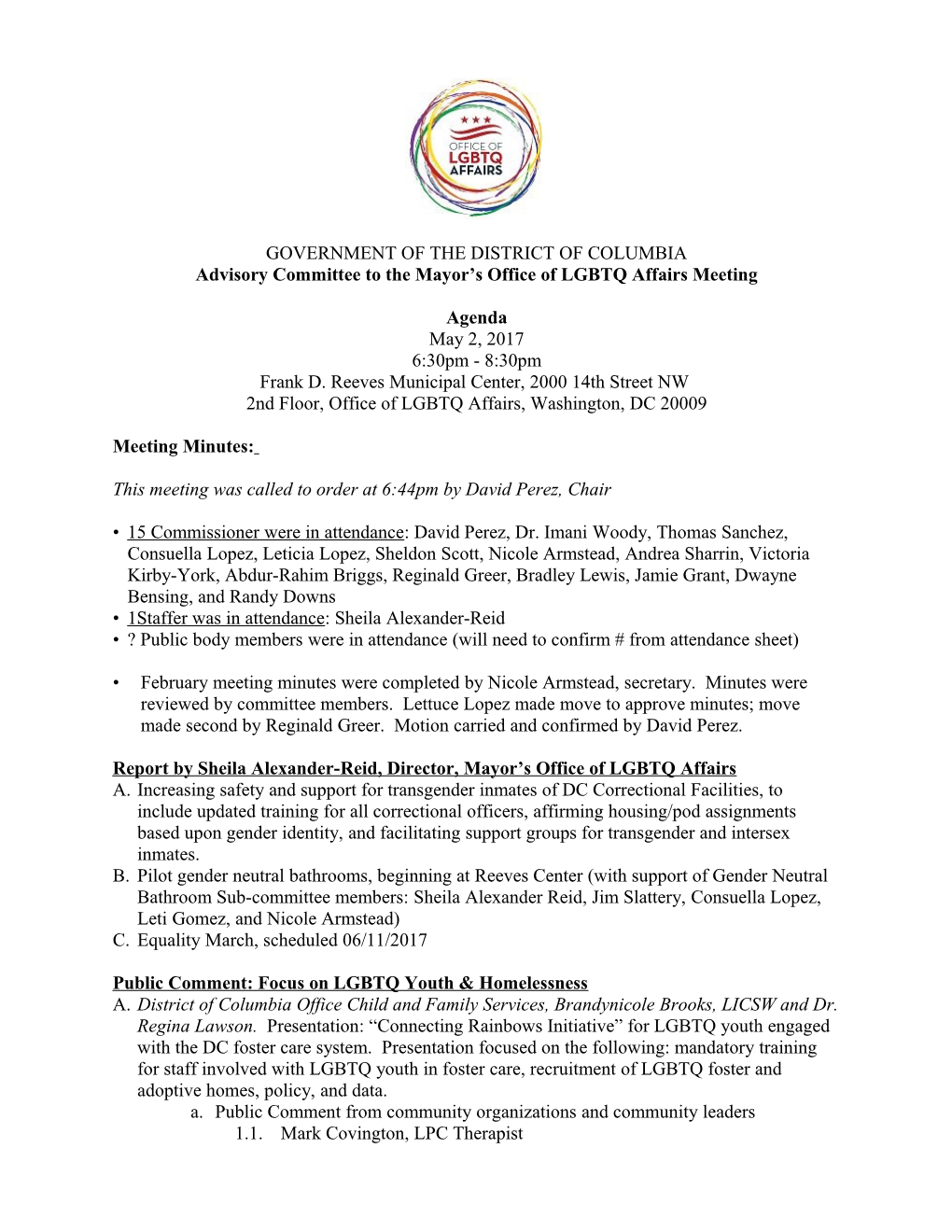 Advisory Committee to the Mayor S Office of LGBTQ Affairs Meeting