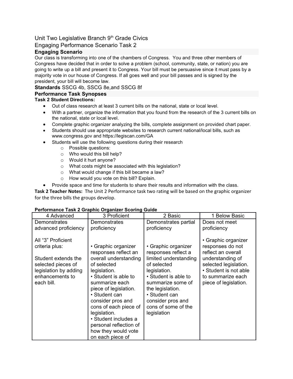 Unit Two Legislative Branch 9Th Grade Civics