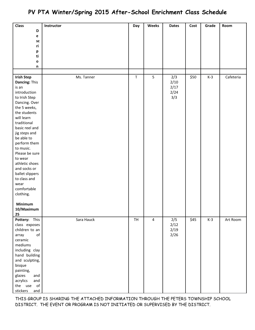 PV PTA Winter/Spring 2015 After-School Enrichment Class Schedule