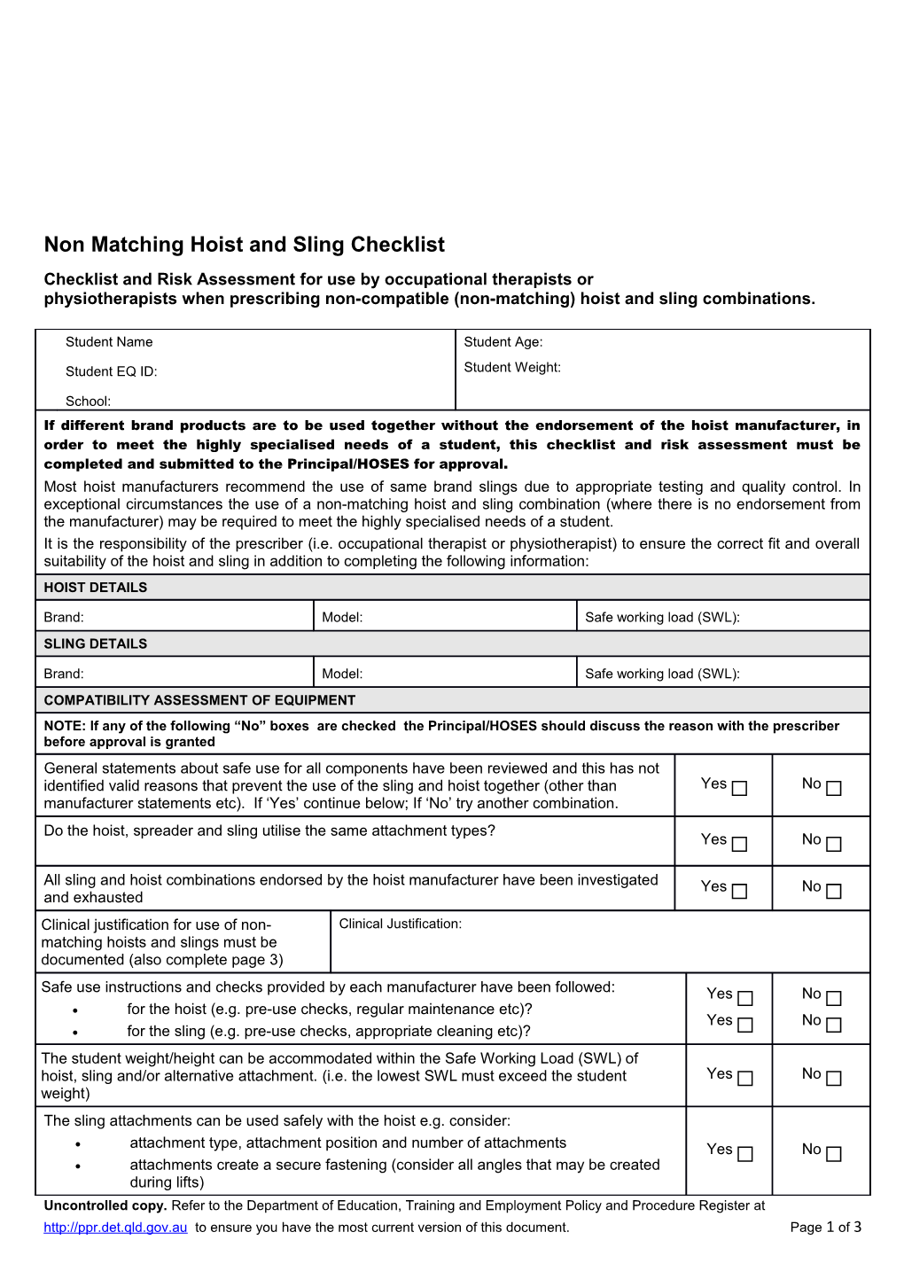 Non Matching Hoist and Sling Checklist
