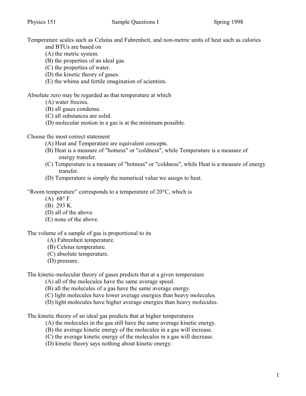 Physics 151Sample Questions Ispring 1998