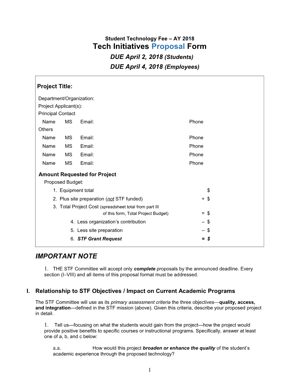 Student Technology Fee Proposal Form