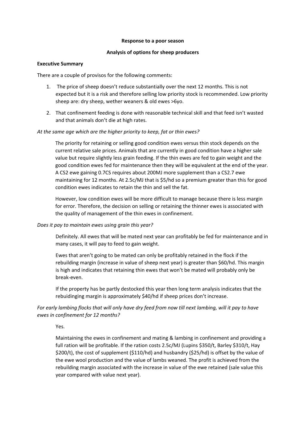 Analysis of Options for Sheep Producers