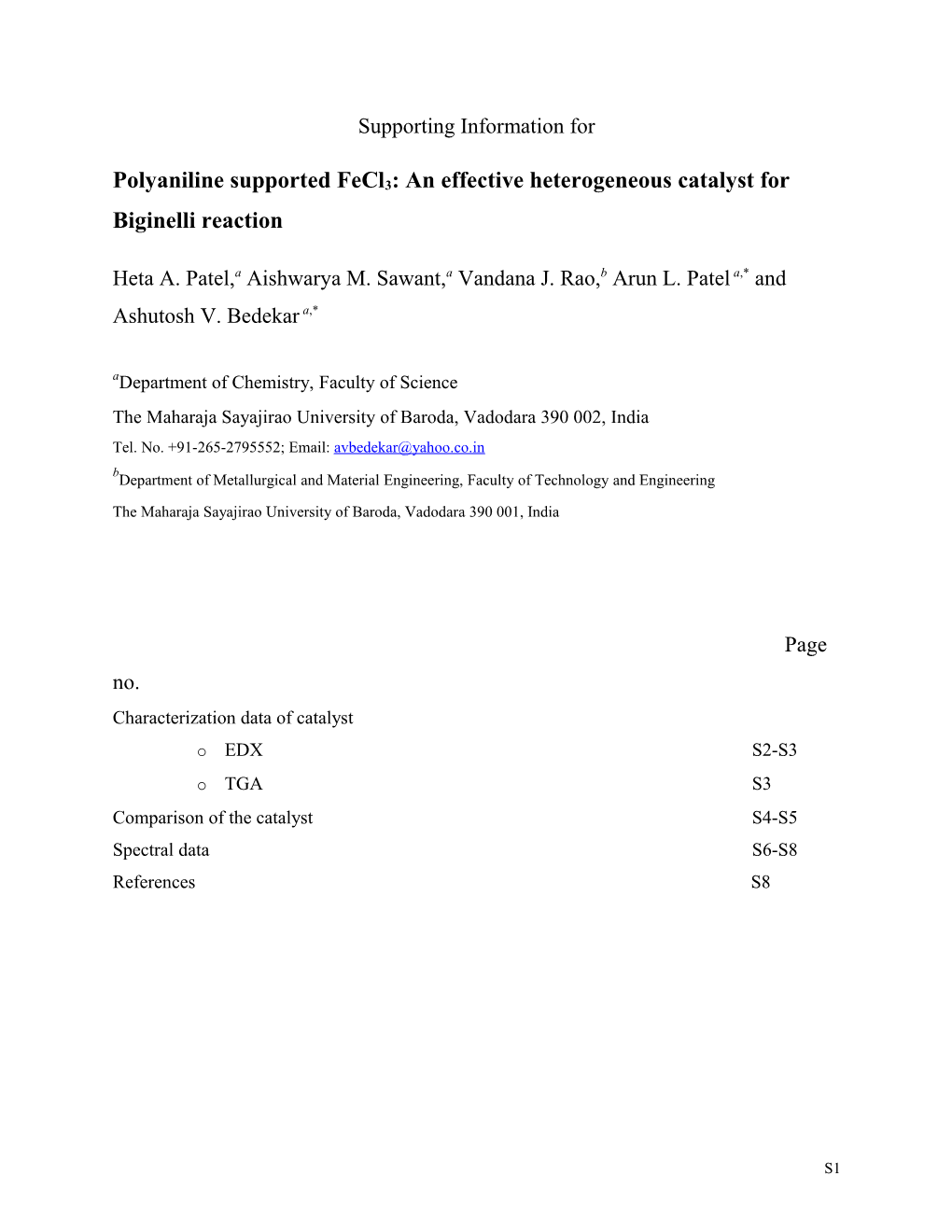 Polyaniline Supported Fecl3: an Effective Heterogeneous Catalyst for Biginelli Reaction