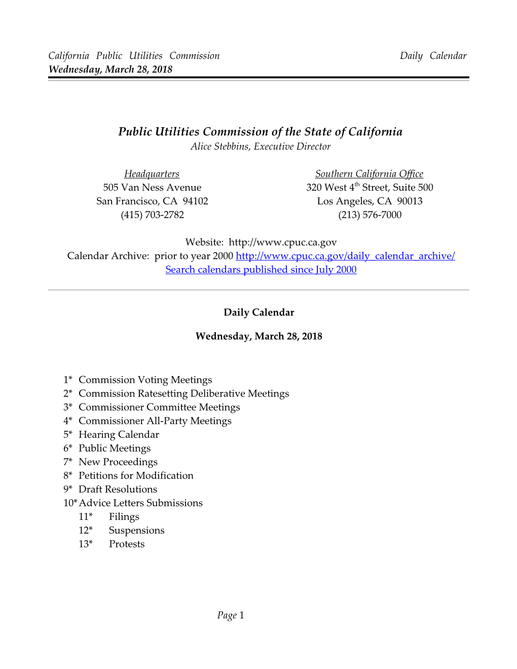 California Public Utilities Commission Daily Calendar Wednesday, March 28, 2018