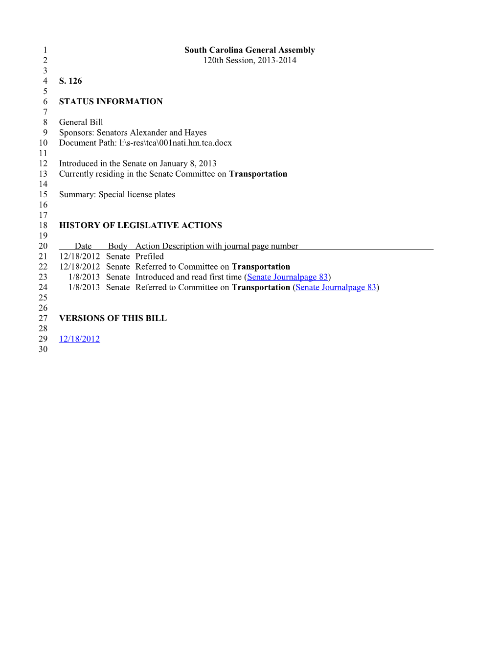 2013-2014 Bill 126: Special License Plates - South Carolina Legislature Online