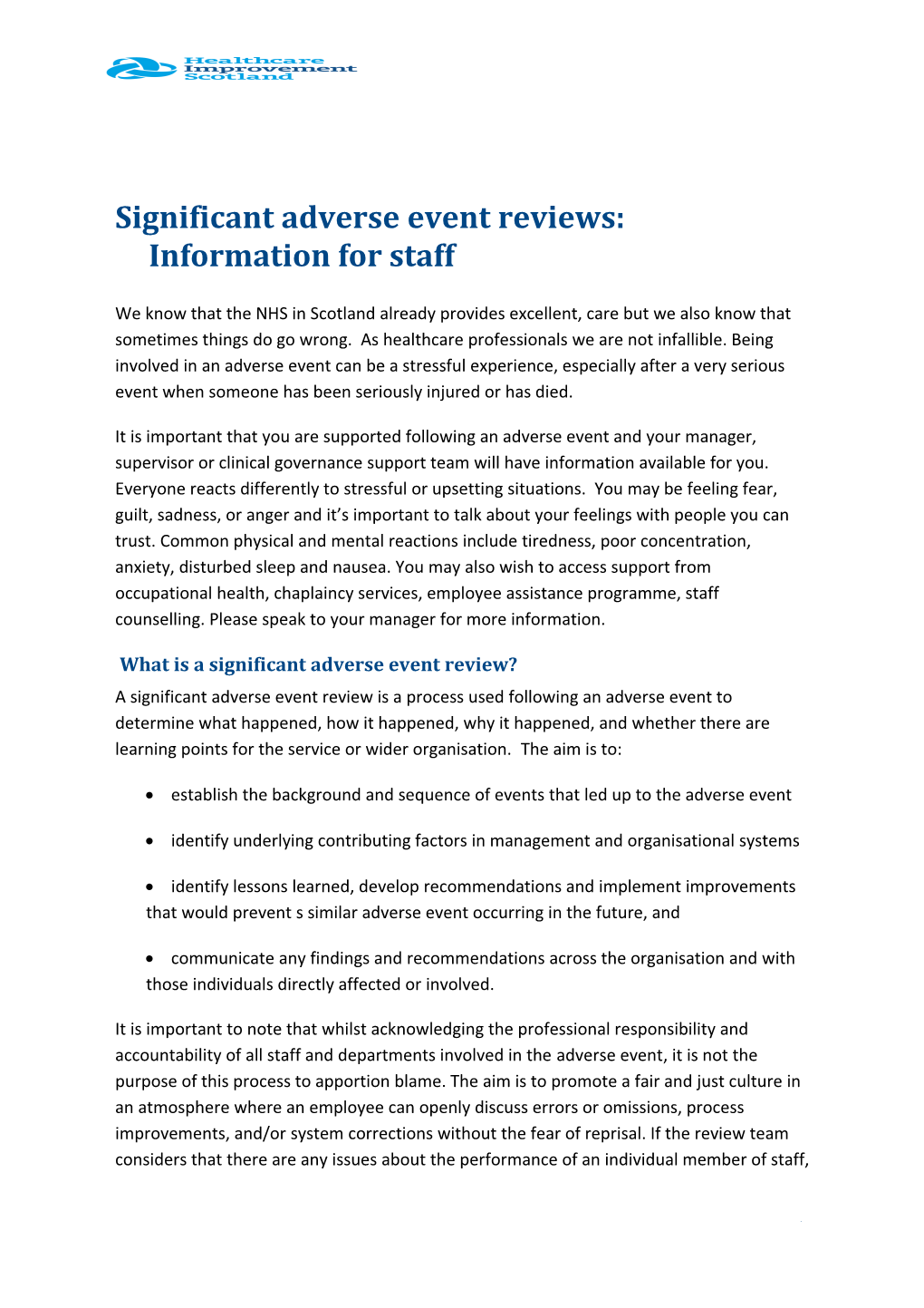 Significant Adverse Event Reviews: Information for Staff