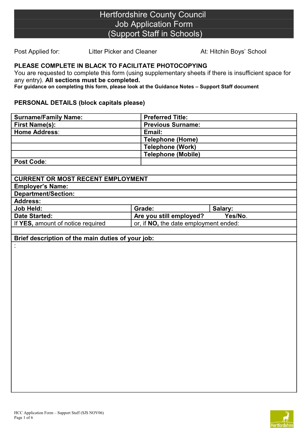 Hertfordshire County Council Job Application Form (Support Staff)