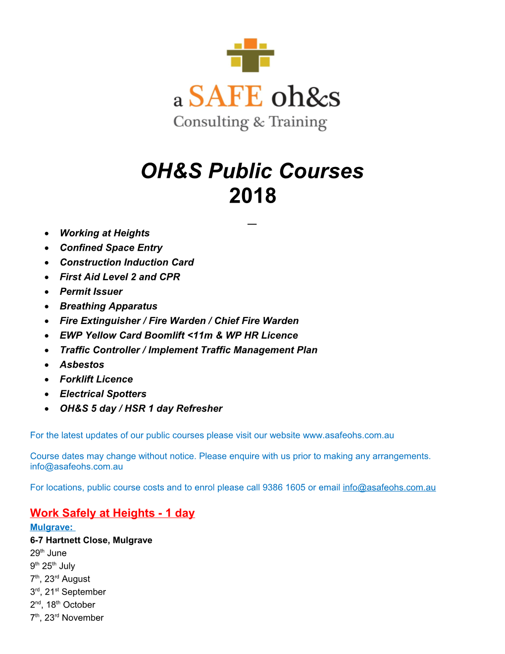 OH&S Public Courses