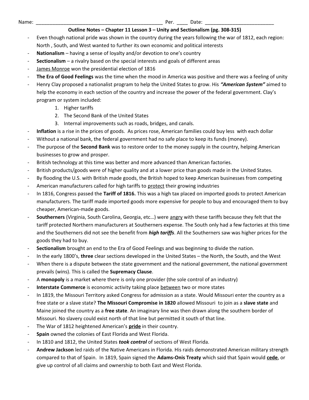 Outline Notes Chapter 11 Lesson 3 Unity and Sectionalism (Pg. 308-315)