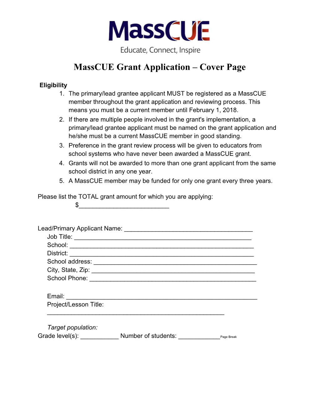 Masscue Grant Application Cover Page
