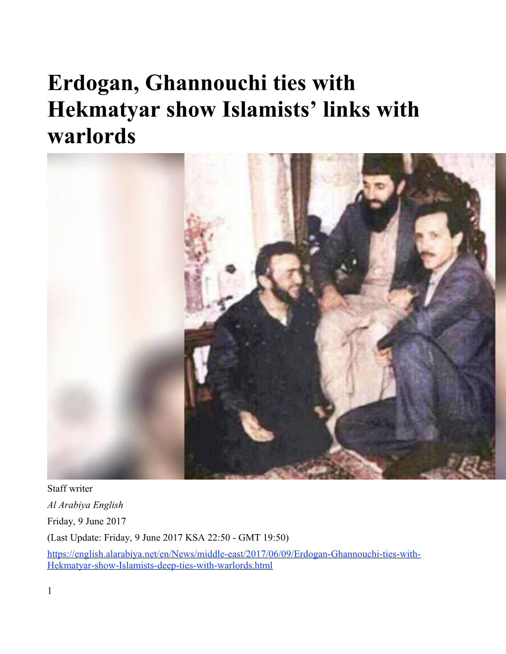 Erdogan, Ghannouchi Ties with Hekmatyar Show Islamists Links with Warlords