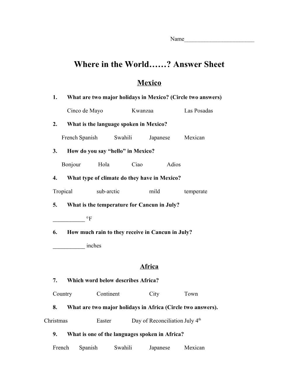 Where in the World ? Answer Sheet