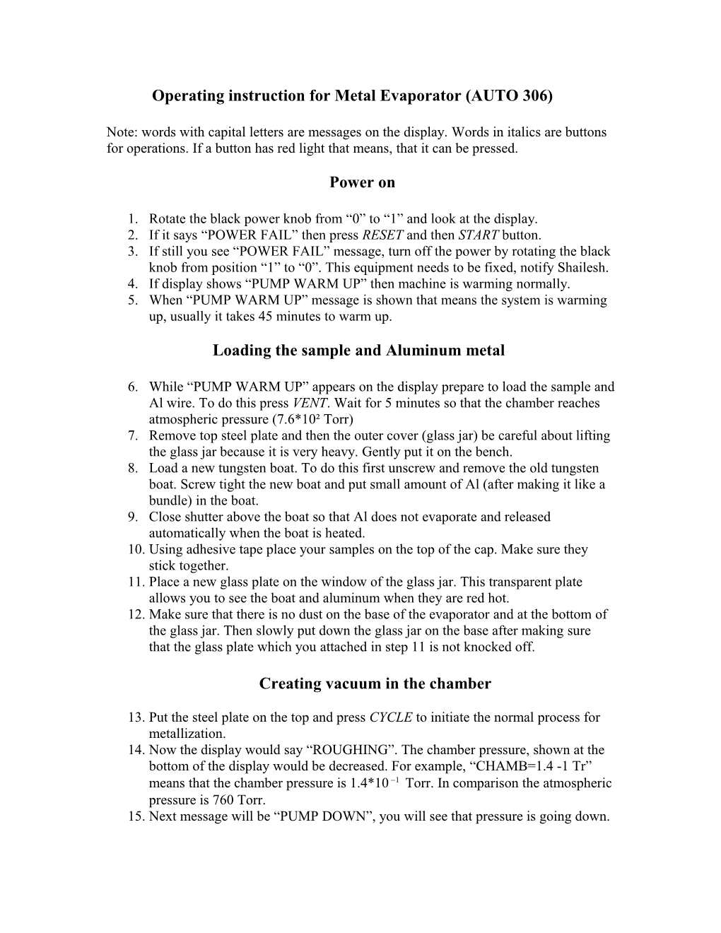 Operating Instruction for PVD (Physical Vapor Deposition)