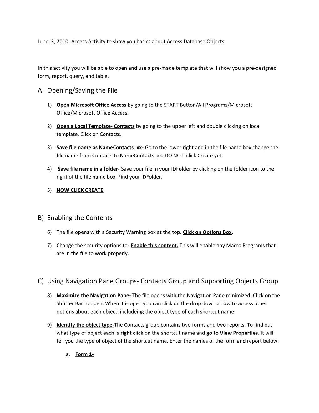 June 3, 2010- Access Activity to Show You Basics About Access Database Objects