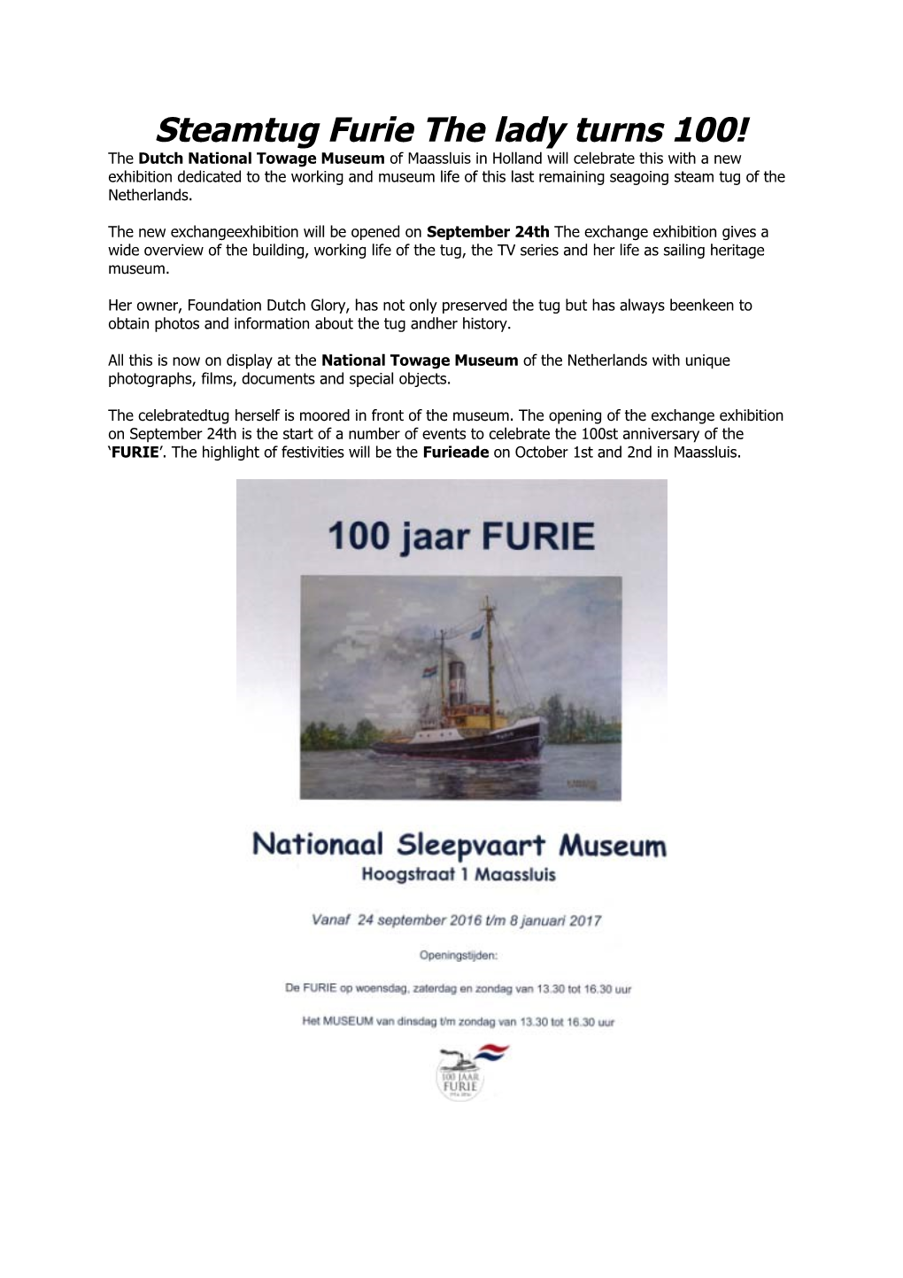 Steamtugfurie the Lady Turns 100!