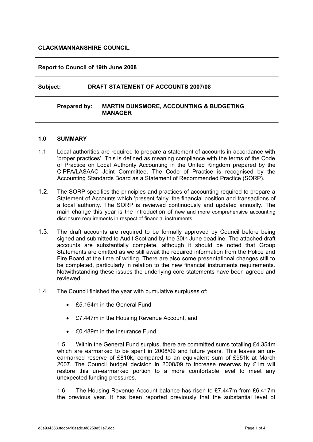 Subject: DRAFT STATEMENT of ACCOUNTS 2007/08