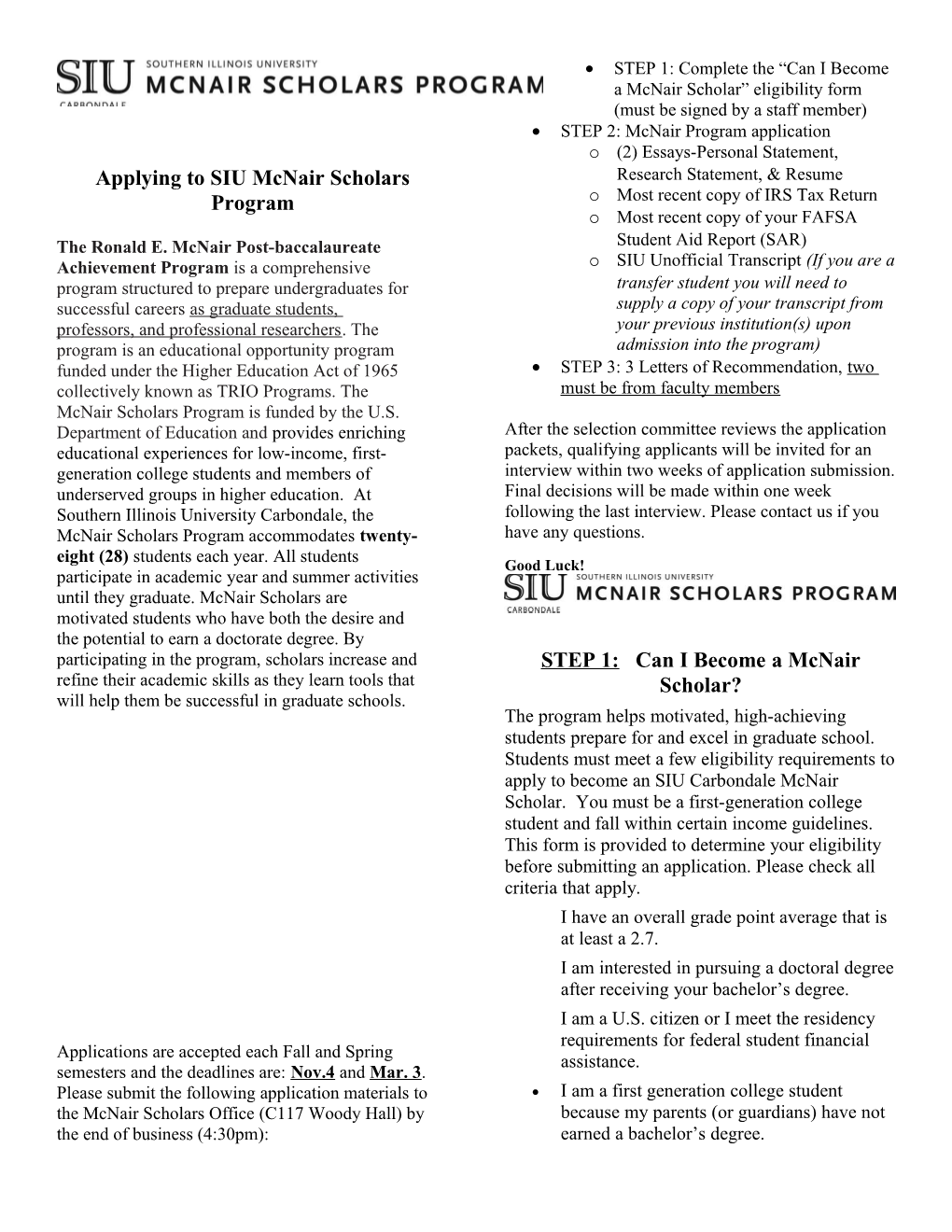 Applying to SIU Mcnair Scholars Program