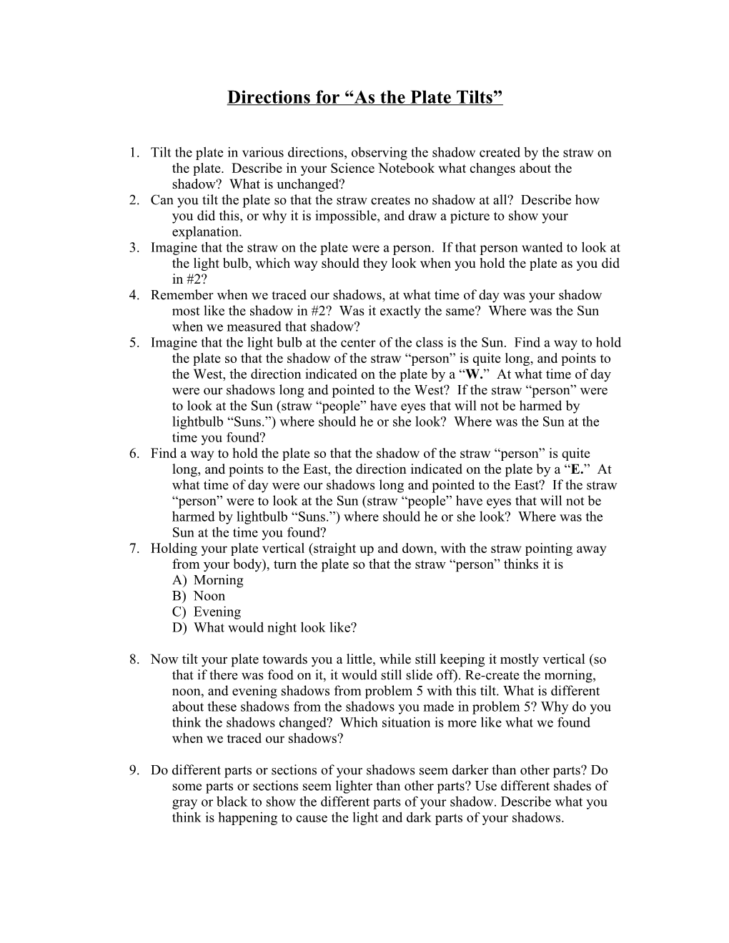 Directions for Tilting Plates