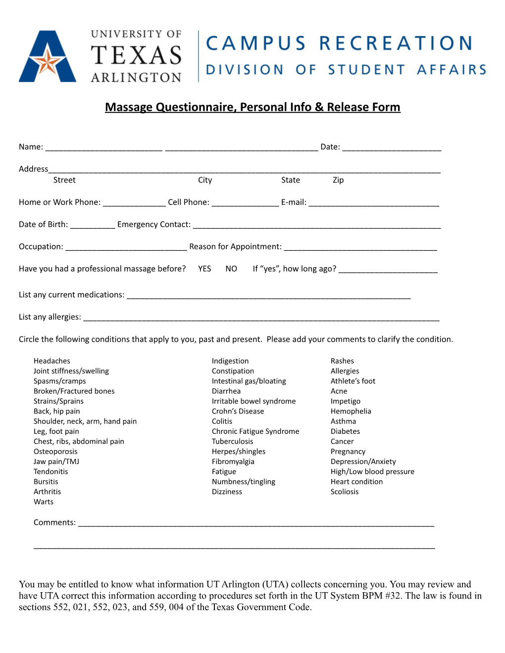 Massage Questionnaire, Personal Info & Release Form