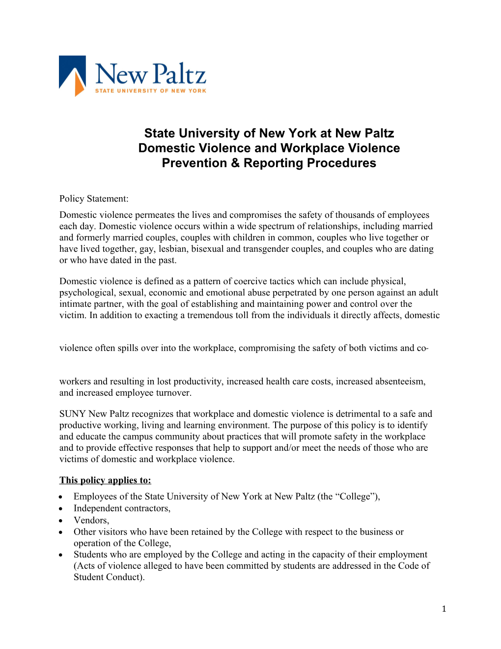 State University of New York at New Paltz Domestic Violence and Workplace Violence Prevention