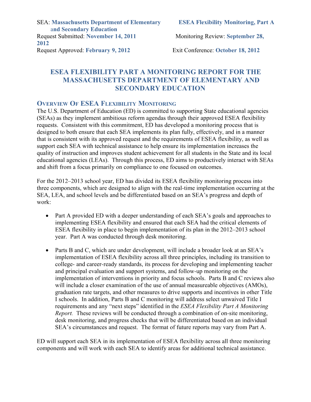 Massachusetts ESEA Flexibility Monitoring Part a Report