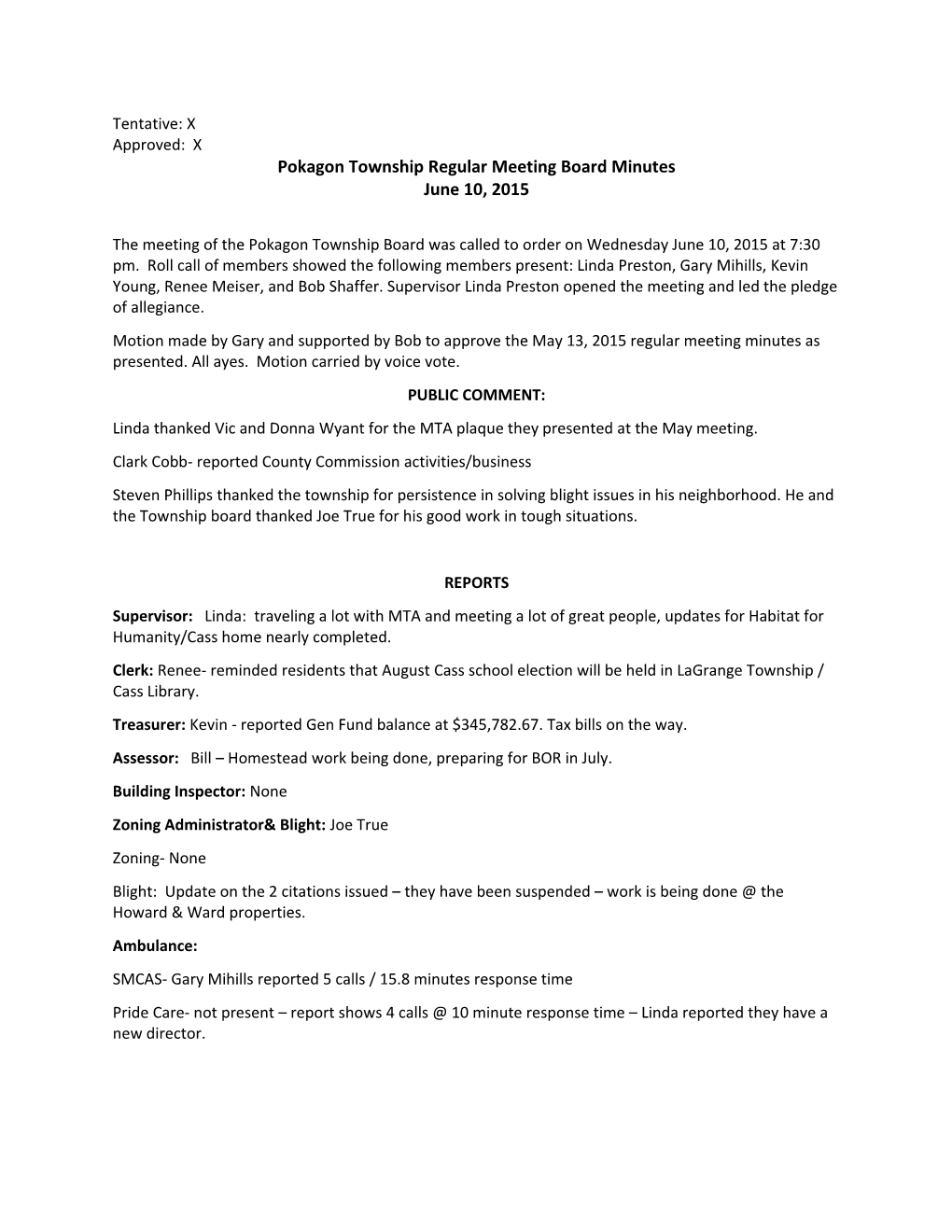 Pokagon Township Regular Meeting Board Minutes