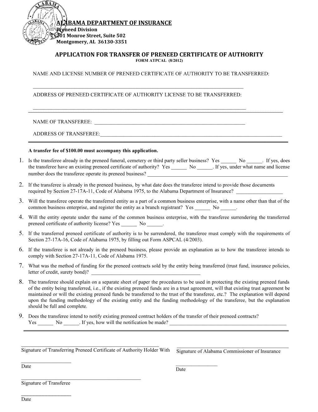 Application for Transfer of Preneed Certificate of Authority